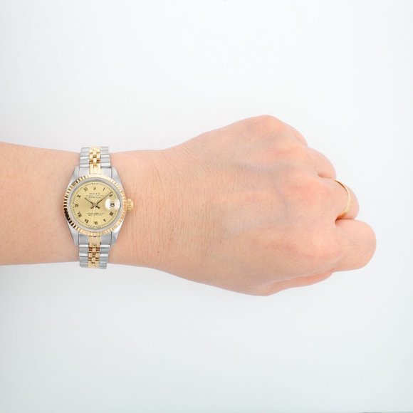 Rolex Ladies Datejust 26mm Two-Tone Champagne Roman Dial Fluted Jubilee 69173